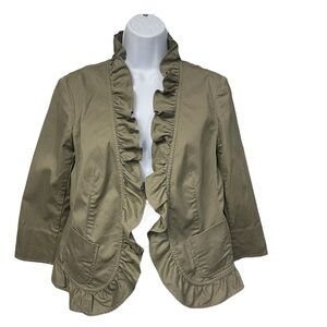 Talbots Blazer Jacket 6 Petite Ruffle Neck Twill Preppy Office women Olive Green